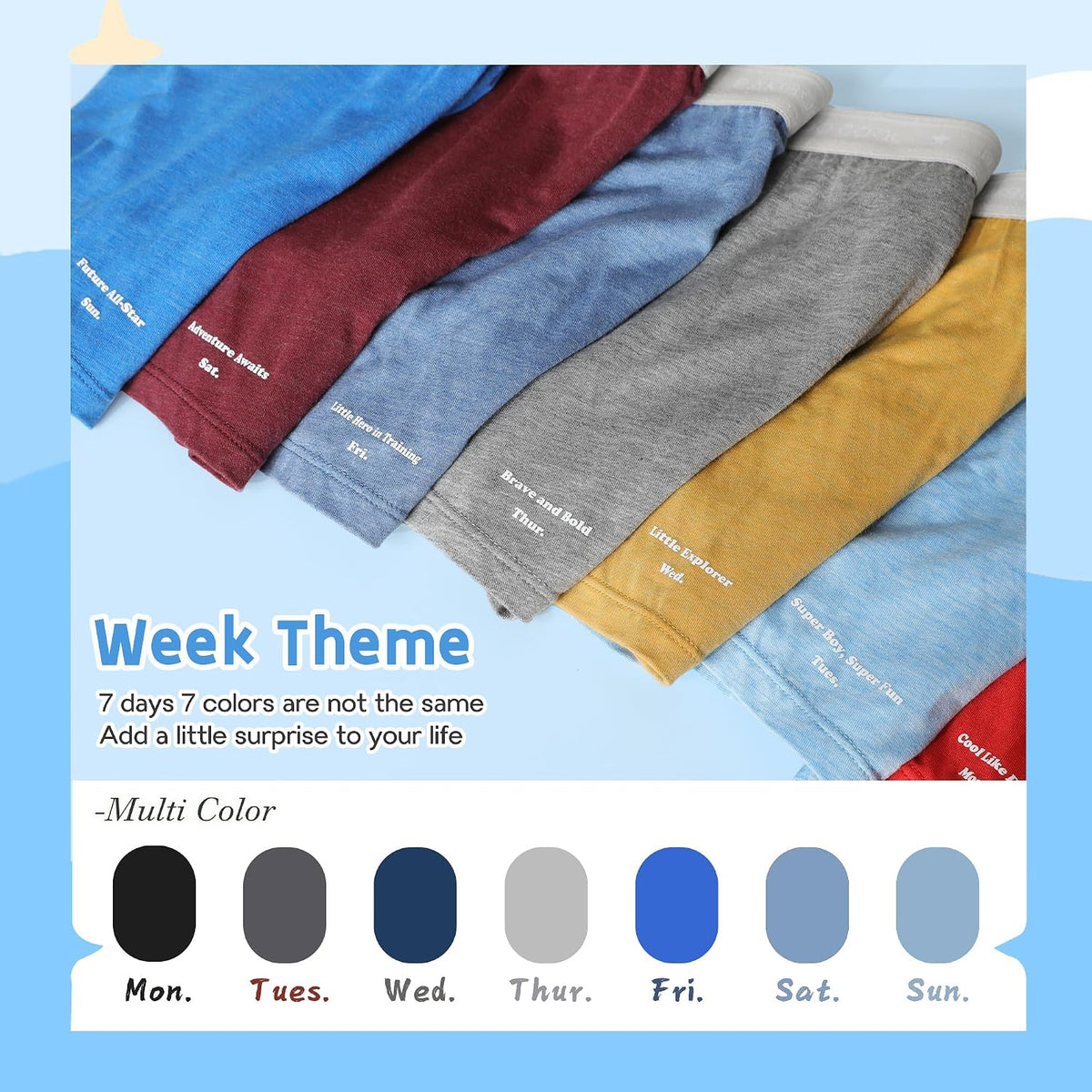 BAMBOO COOL 7 Pack Week Theme Boys' Underwear Ultra Soft Boxer Briefs
