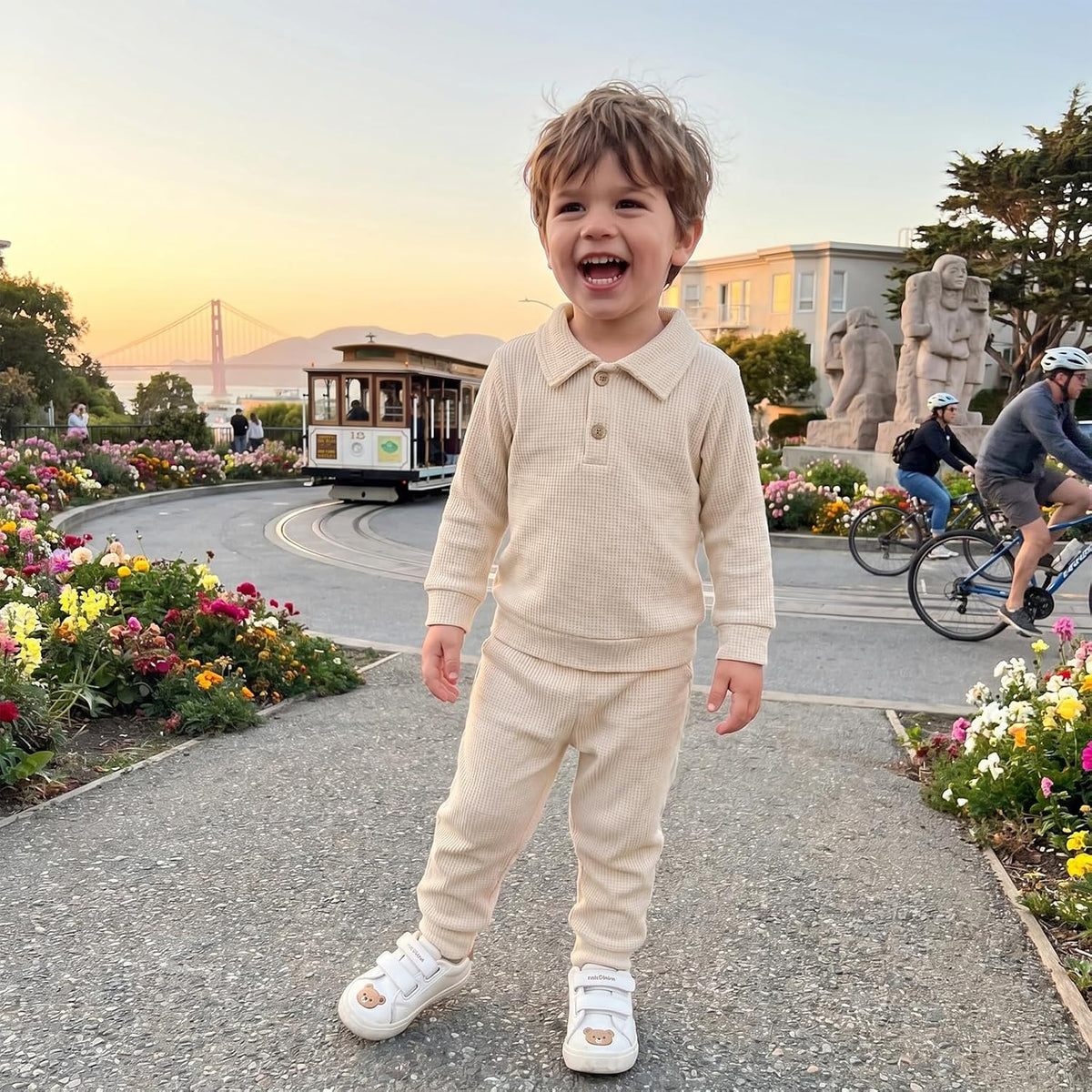 Bagilaanoe Fall Toddler Baby Boy Outfit Polo Long Sleeve Sweatshirt Pullover Top+ Pants Solid Waffle Knit Clothes 2PCS Set
