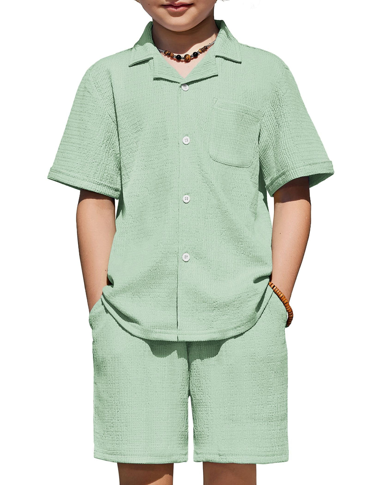Arshiner Boys Ribbed Textured Outfit Cuban Collar Shirt & Shorts 4-12 Years
