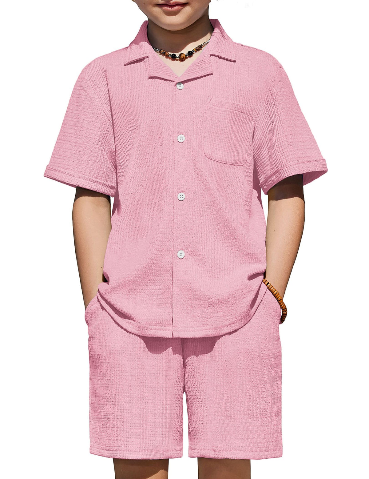 Arshiner Boys Ribbed Textured Outfit Cuban Collar Shirt & Shorts 4-12 Years