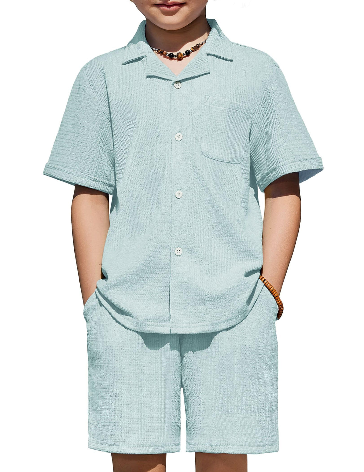 Arshiner Boys Ribbed Textured Outfit Cuban Collar Shirt & Shorts 4-12 Years