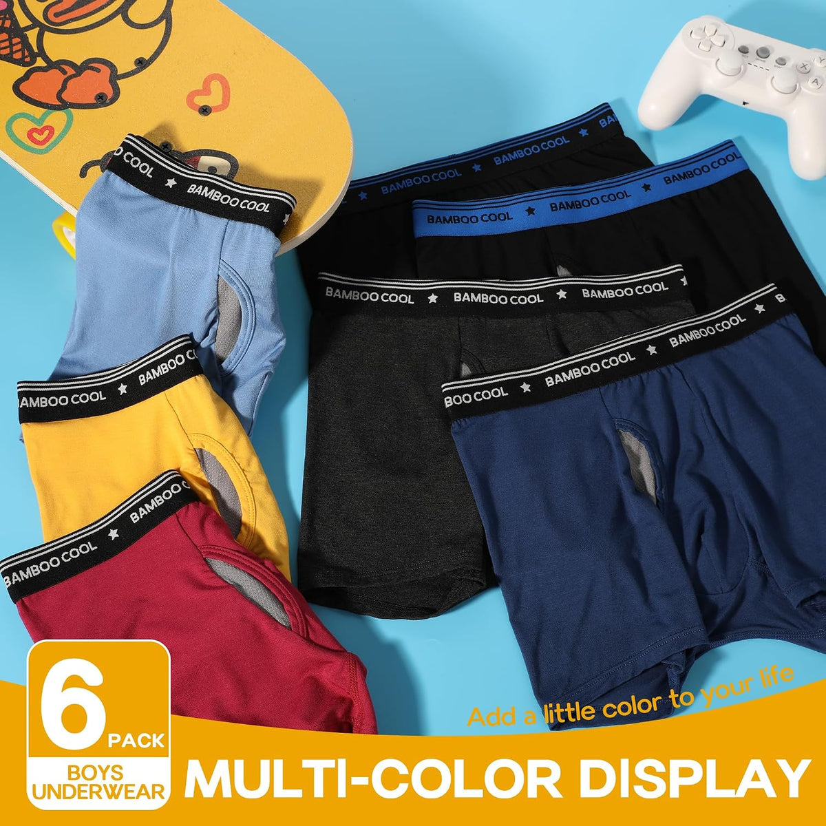 BAMBOO COOL Boy's Underwear Boxer Briefs for Boy Breathable Mesh Fly Zone Moisture-Wicking 6 Pack