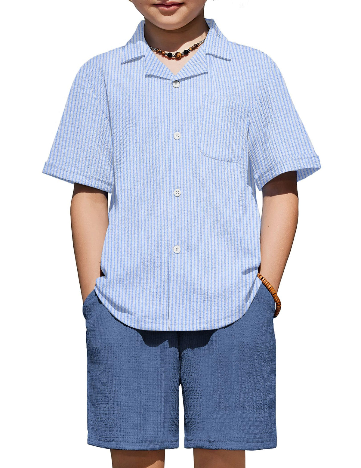 Arshiner Boys Ribbed Textured Outfit Cuban Collar Shirt & Shorts 4-12 Years