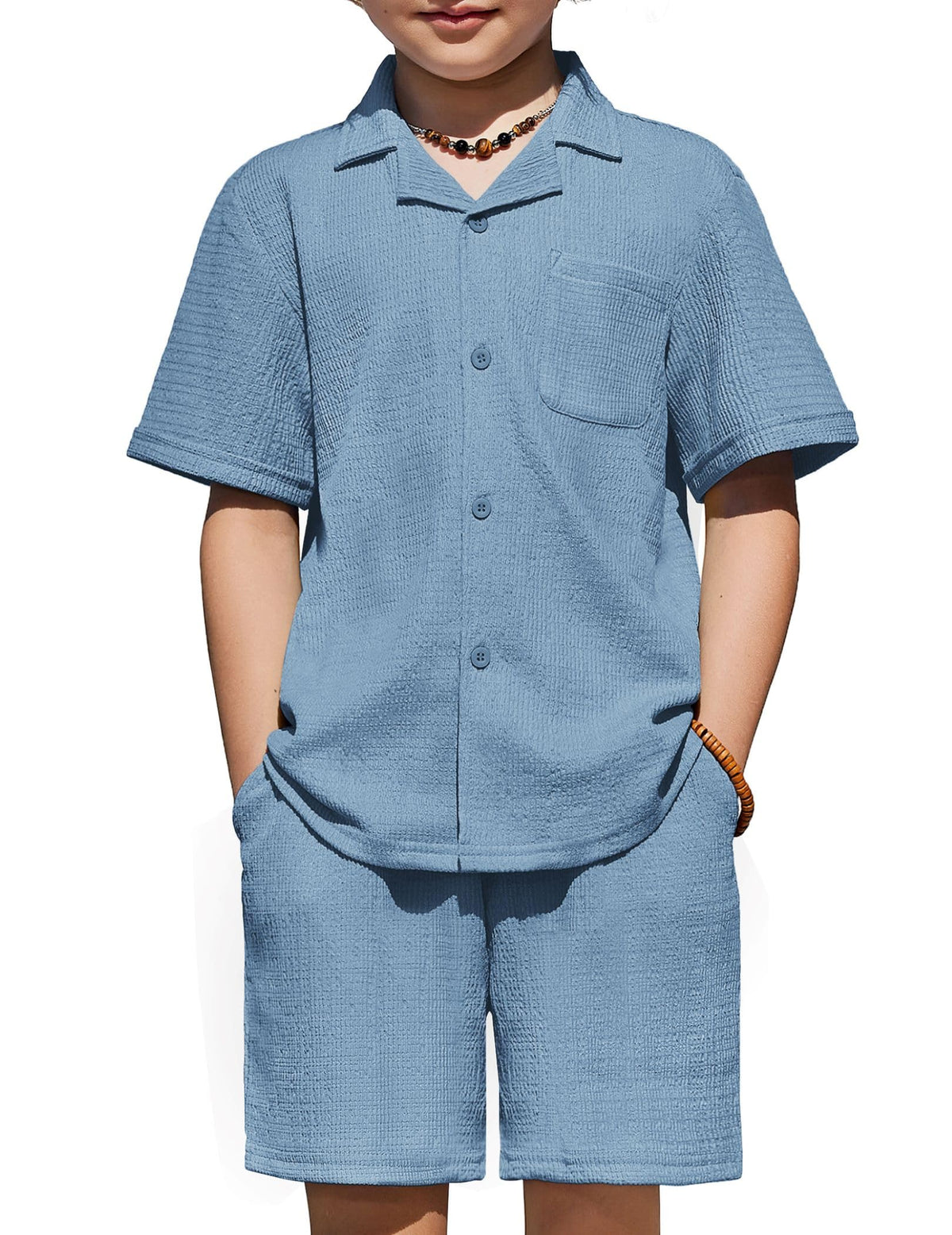 Arshiner Boys Ribbed Textured Outfit Cuban Collar Shirt & Shorts 4-12 Years