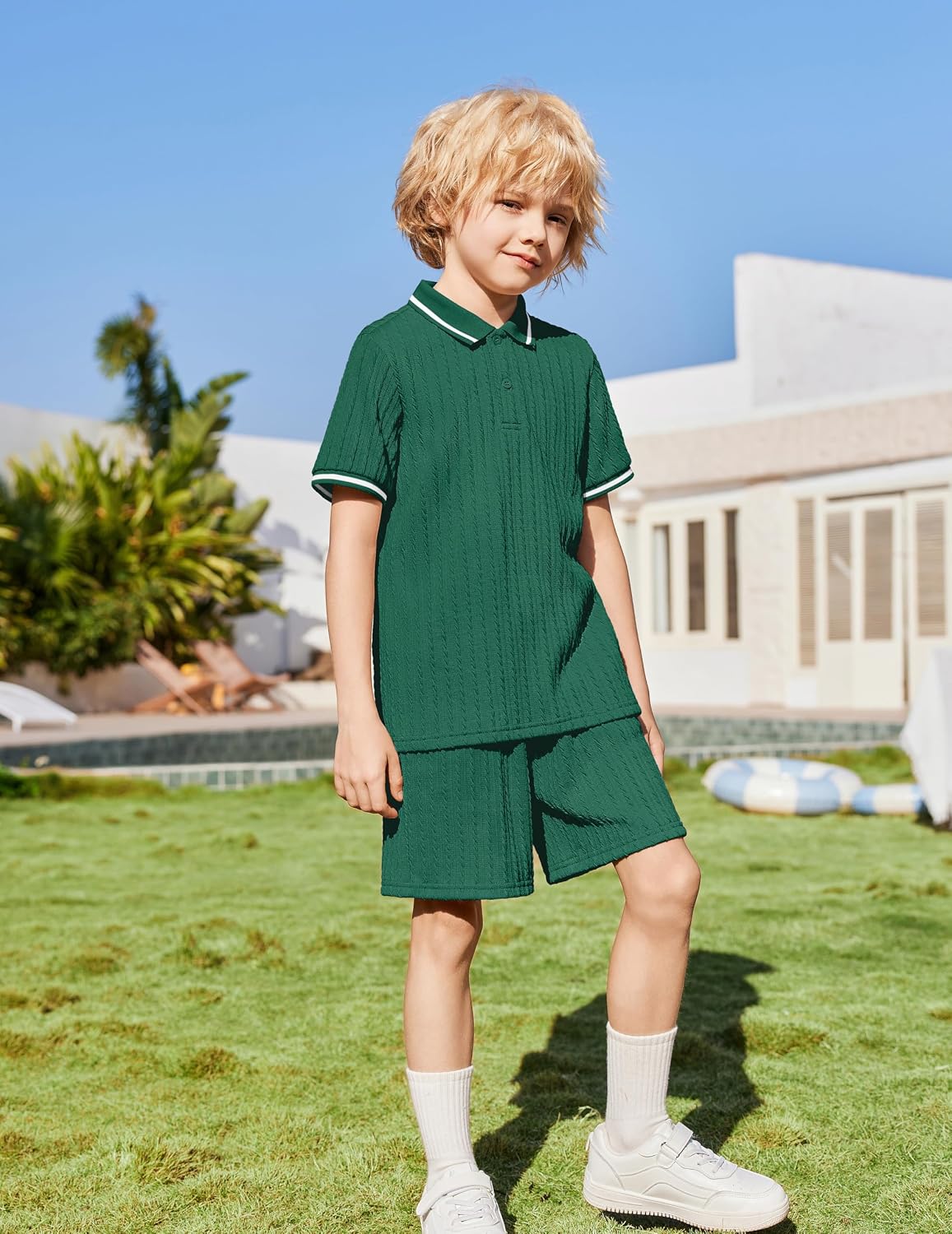 Arshiner Boys 2 Piece Outfits Button Polo Shirt & Elastic Shorts 4-13 Years