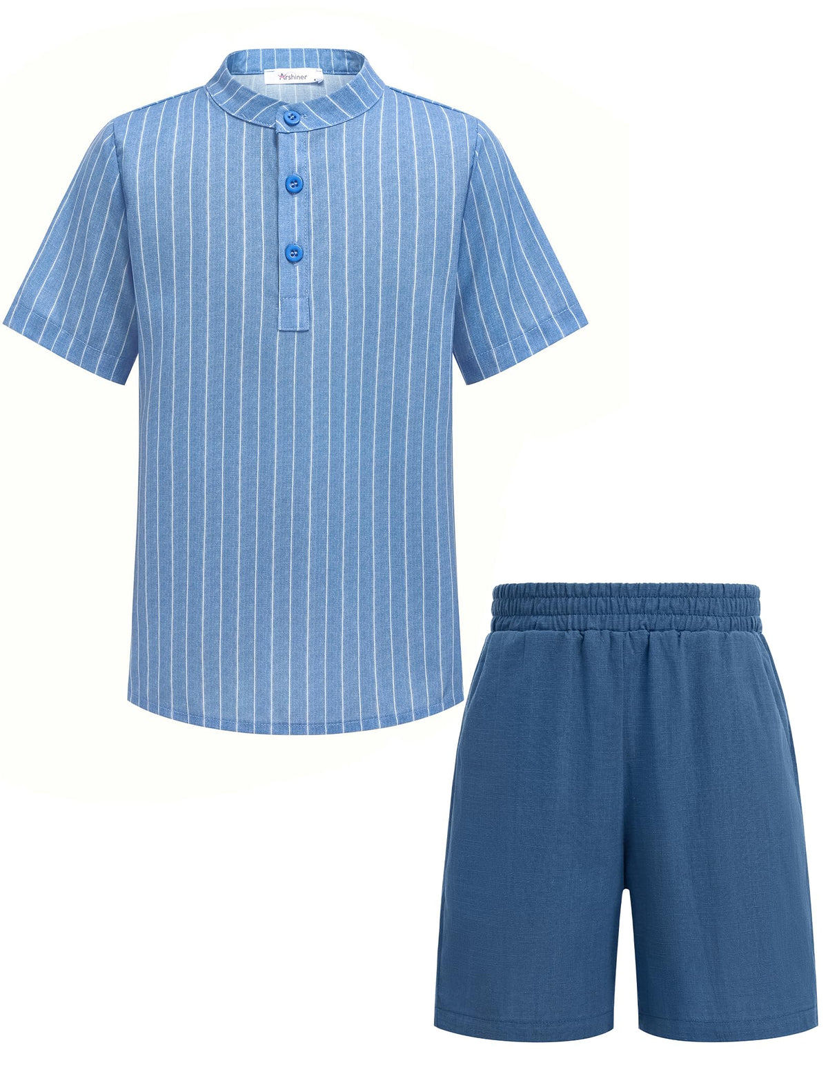 Arshiner Boy's 2 Pieces Cotton Linen Set Casual Henley Shirts Short Sleeve Beach Shorts Summer Outfits for 5-12 Years