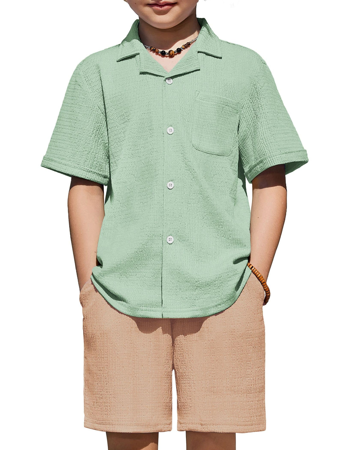 Arshiner Boys Ribbed Textured Outfit Cuban Collar Shirt & Shorts 4-12 Years