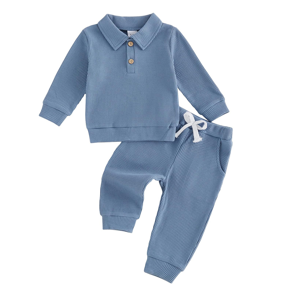 Bagilaanoe Fall Toddler Baby Boy Outfit Polo Long Sleeve Sweatshirt Pullover Top+ Pants Solid Waffle Knit Clothes 2PCS Set