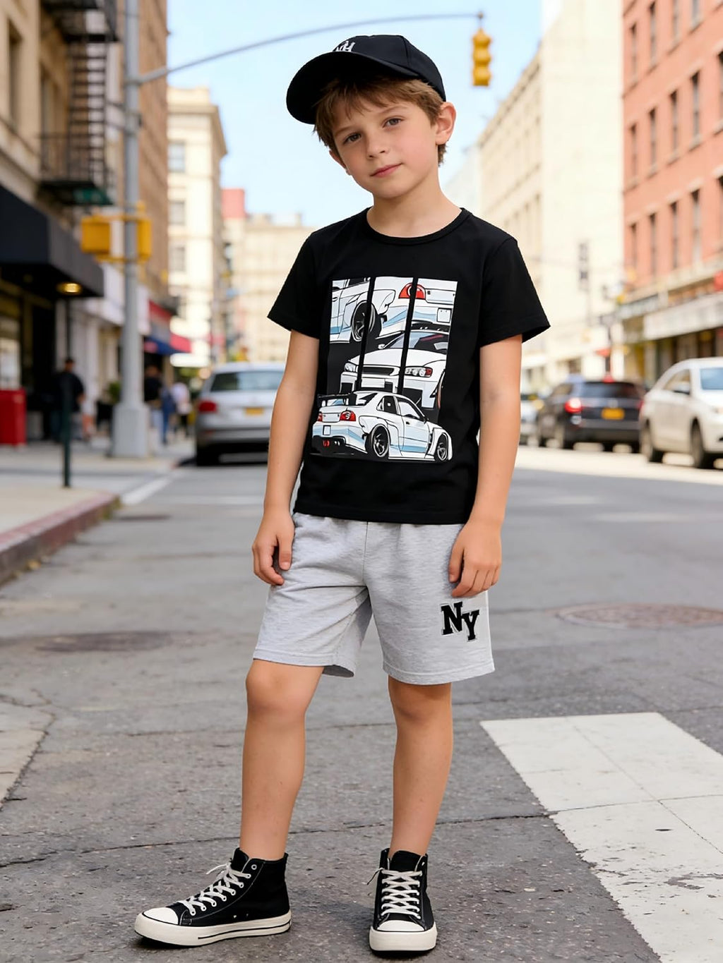 Boys Clothes 2-Piece Summer Outfit Car Print T-Shirt & Letter Print Shorts for Kids Clothing Set 6-12Y