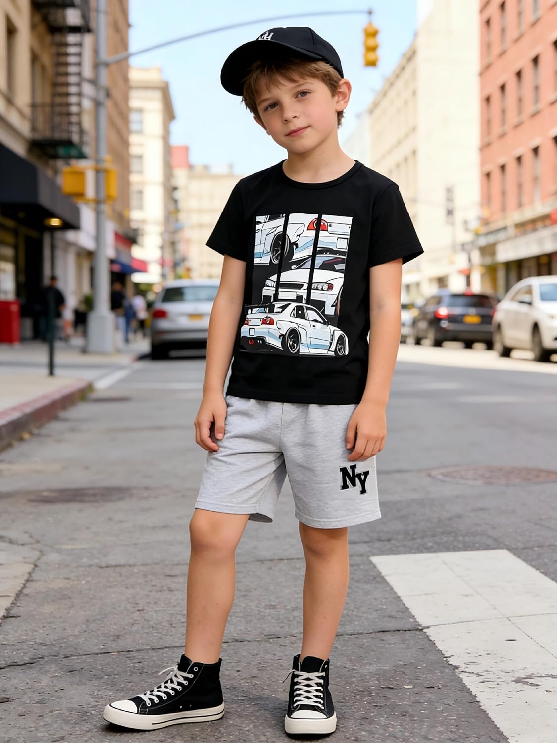 Boys Clothes 2-Piece Summer Outfit Car Print T-Shirt & Letter Print Shorts for Kids Clothing Set 6-12Y