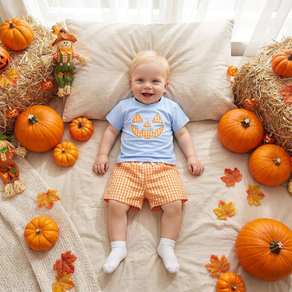 Karuedoo Kids Toddler Baby Boy Halloween Outfit Pumpkin Face Embroidery Short Sleeve T Shirt Plaid Shorts Set Fall Clothes
