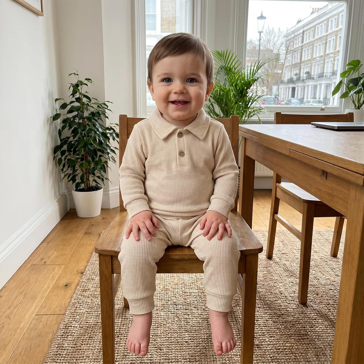 Bagilaanoe Fall Toddler Baby Boy Outfit Polo Long Sleeve Sweatshirt Pullover Top+ Pants Solid Waffle Knit Clothes 2PCS Set