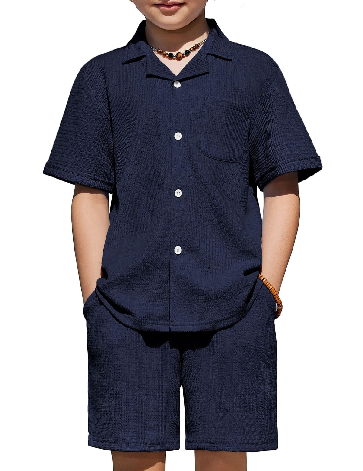 Arshiner Boys Ribbed Textured Outfit Cuban Collar Shirt & Shorts 4-12 Years