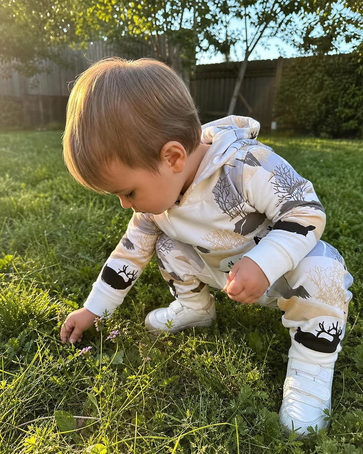 2Pcs Baby Boys Hoodie Tops Pants Set Dinosaur Deer Print Sweatsuit Fall Winter Outfits