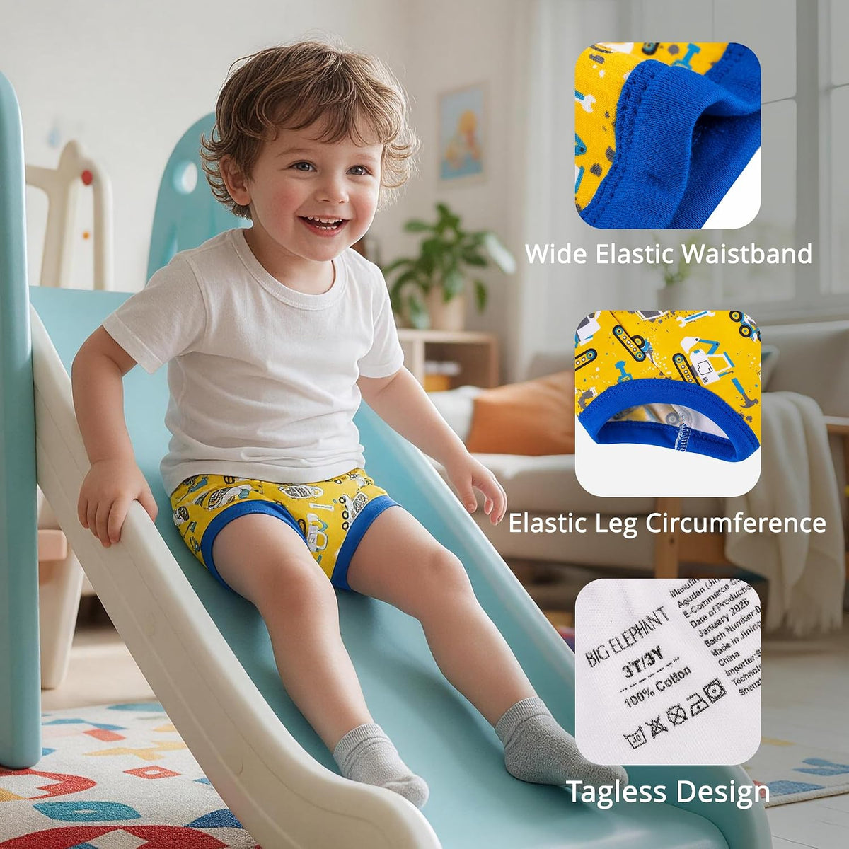 BIG ELEPHANT Toddler Potty Training Underwear, 100% Cotton for Boys & Girls
