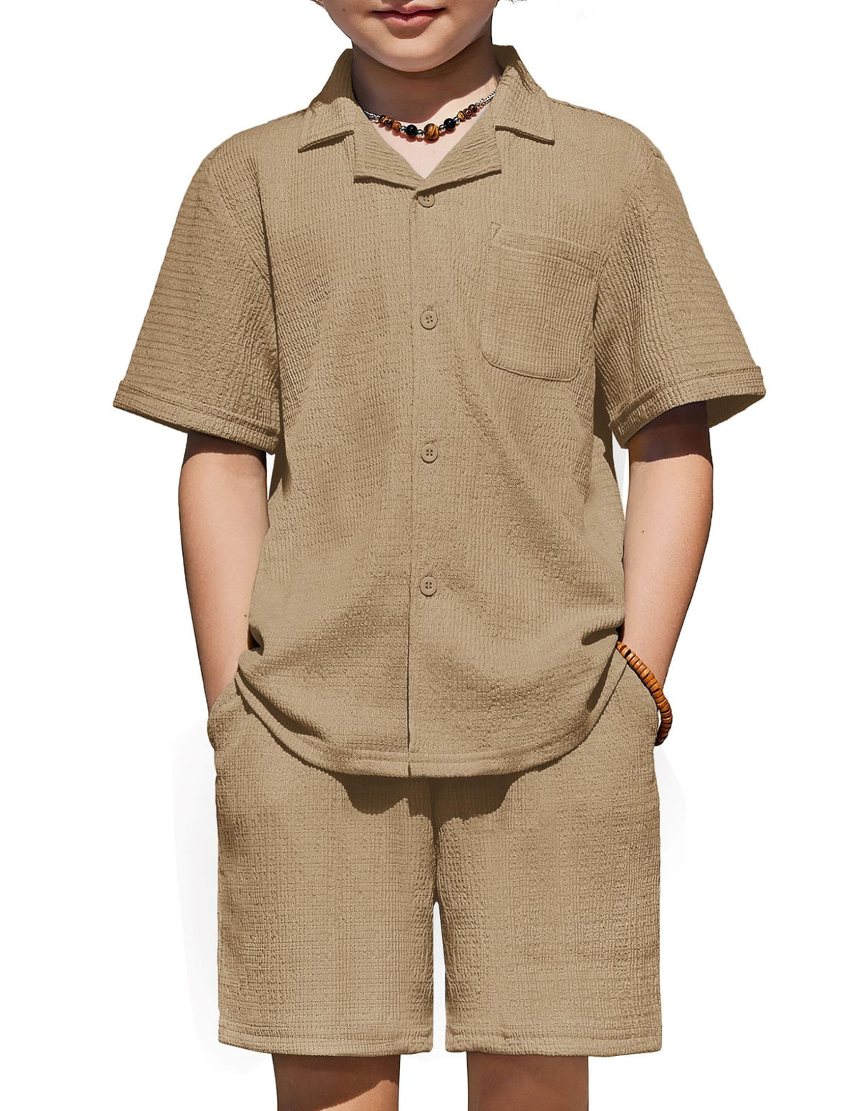 Arshiner Boys Ribbed Textured Outfit Cuban Collar Shirt & Shorts 4-12 Years