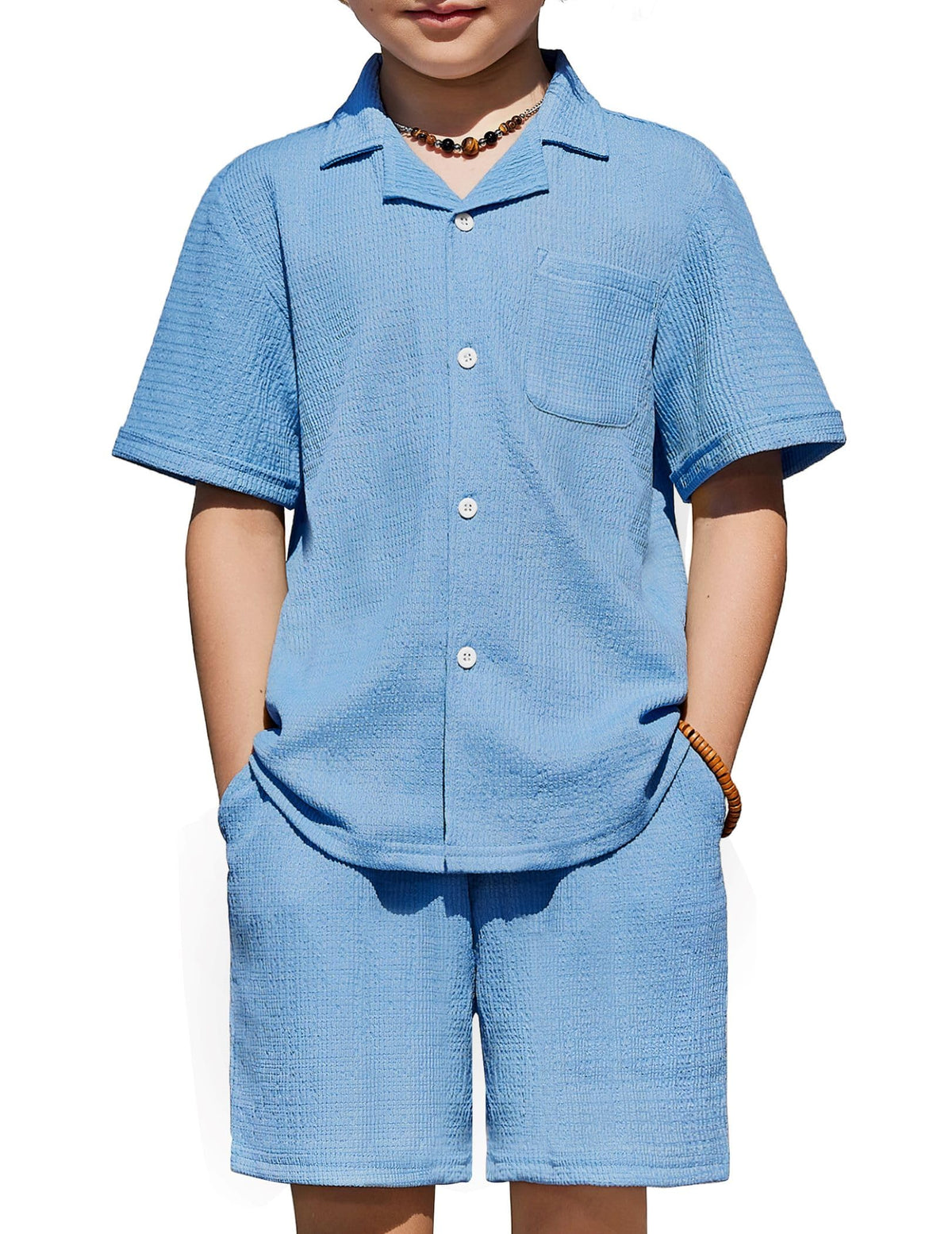 Arshiner Boys Ribbed Textured Outfit Cuban Collar Shirt & Shorts 4-12 Years