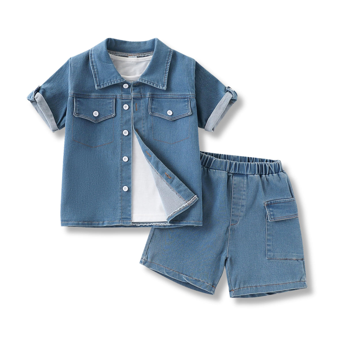 3-7T Toddler Boys Clothes Denim Outfit Set – Short Sleeve Button-Up Jean Jacket & Stretch Denim Shorts