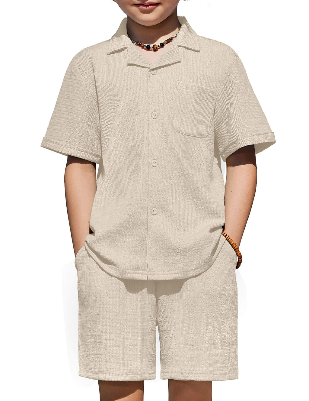 Arshiner Boys Ribbed Textured Outfit Cuban Collar Shirt & Shorts 4-12 Years