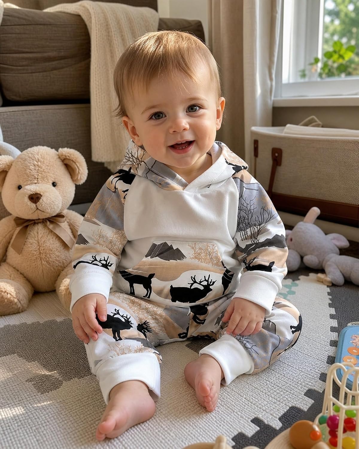 2Pcs Baby Boys Hoodie Tops Pants Set Dinosaur Deer Print Sweatsuit Fall Winter Outfits