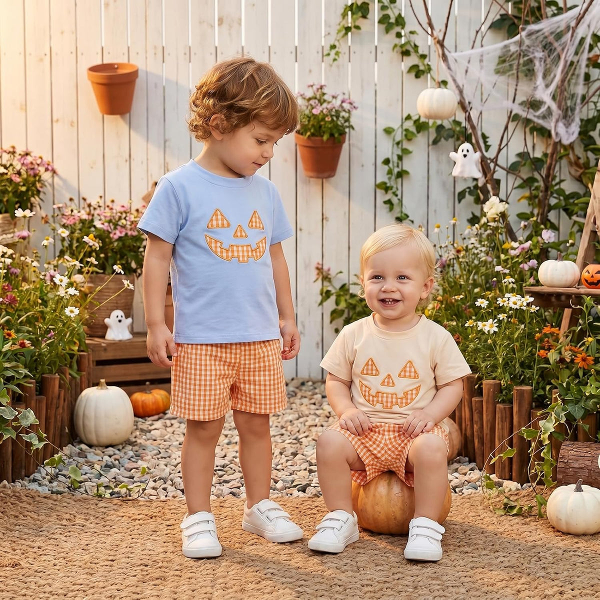 Karuedoo Kids Toddler Baby Boy Halloween Outfit Pumpkin Face Embroidery Short Sleeve T Shirt Plaid Shorts Set Fall Clothes
