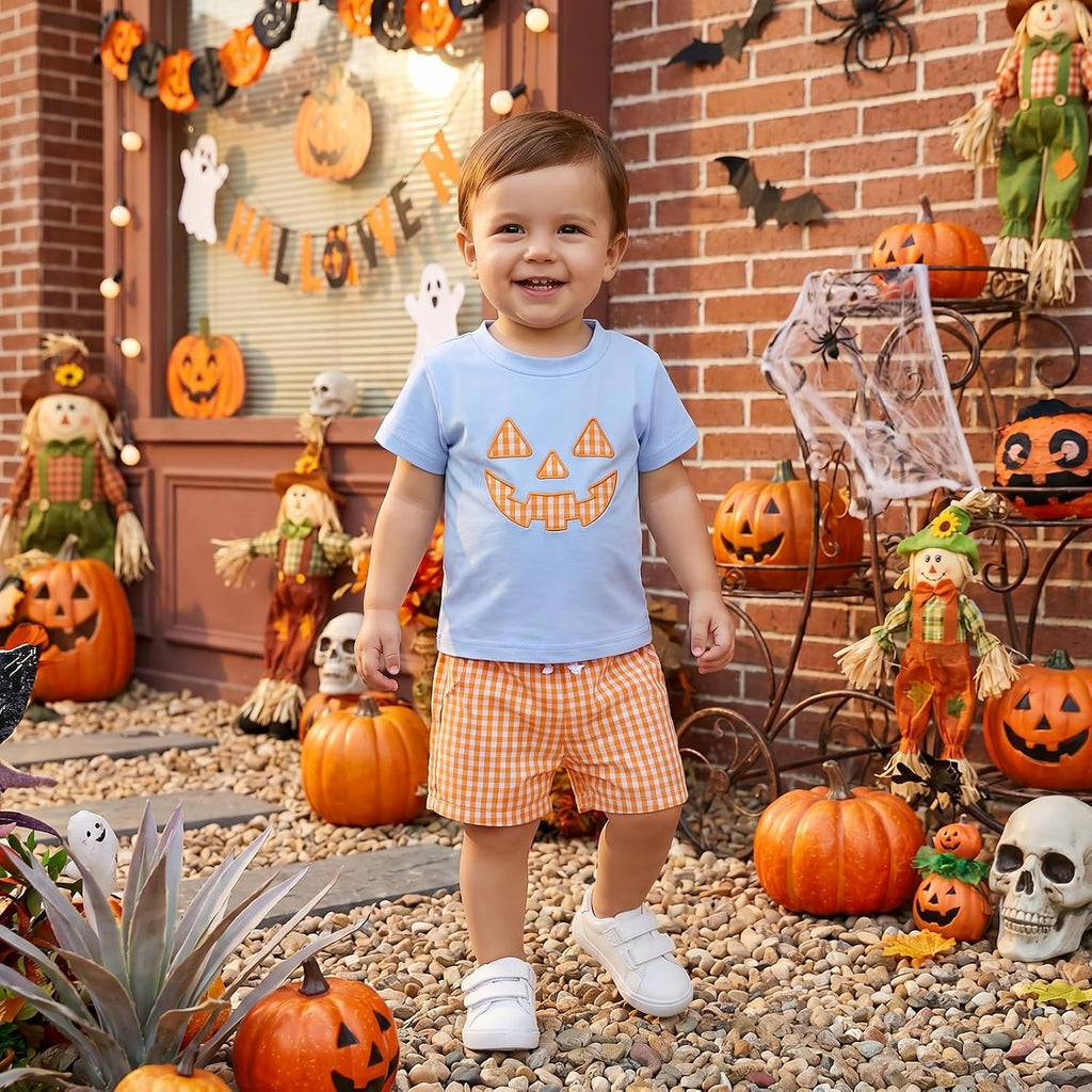Karuedoo Kids Toddler Baby Boy Halloween Outfit Pumpkin Face Embroidery Short Sleeve T Shirt Plaid Shorts Set Fall Clothes