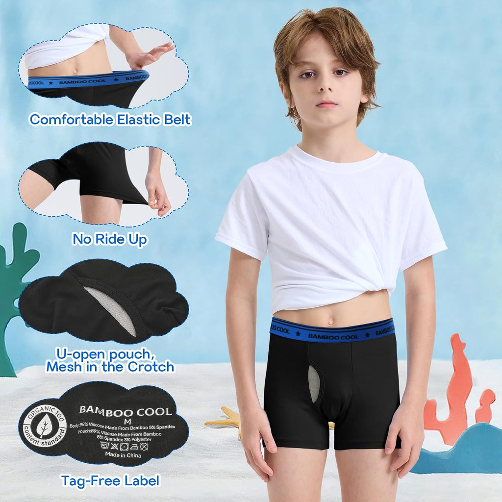 BAMBOO COOL Boy's Underwear Boxer Briefs for Boy Breathable Mesh Fly Zone Moisture-Wicking 6 Pack