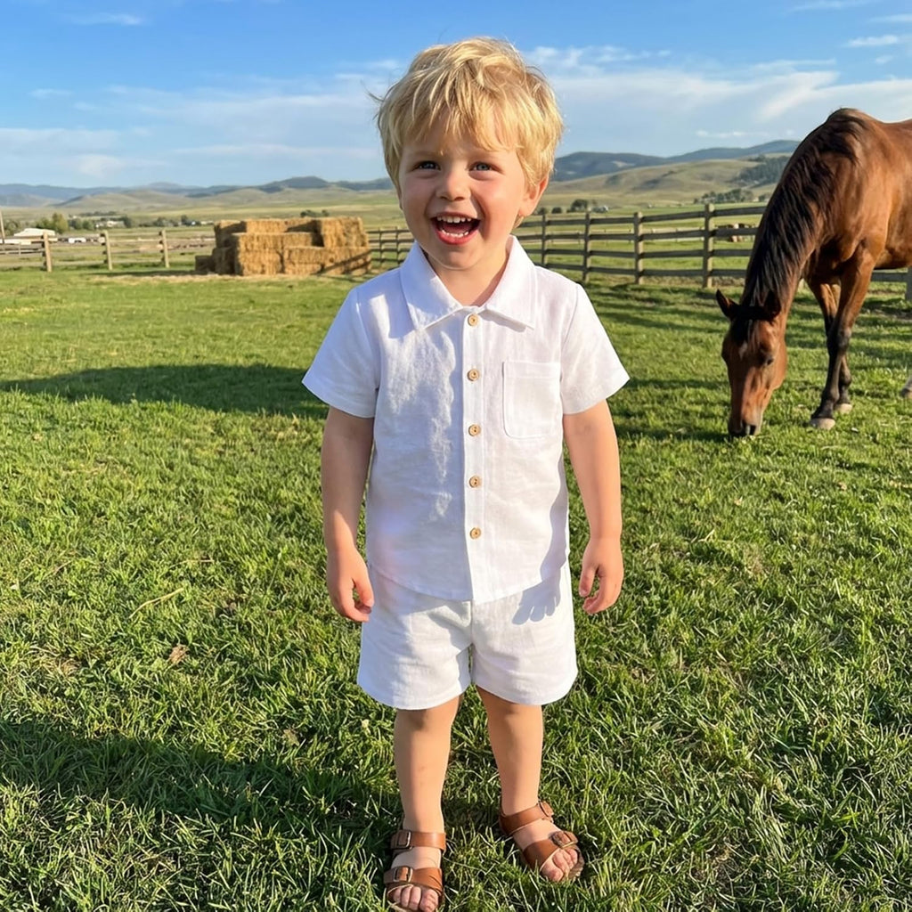 Baby Boys Summer Outfit Cotton Button Down Shirt and Shorts Set Toddler Infant Clothes for Beach Baptism Birthday