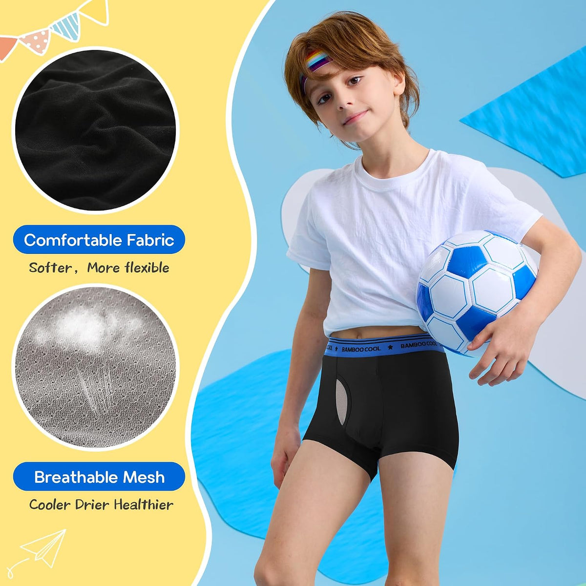 BAMBOO COOL Boy's Underwear Boxer Briefs for Boy Breathable Mesh Fly Zone Moisture-Wicking 6 Pack