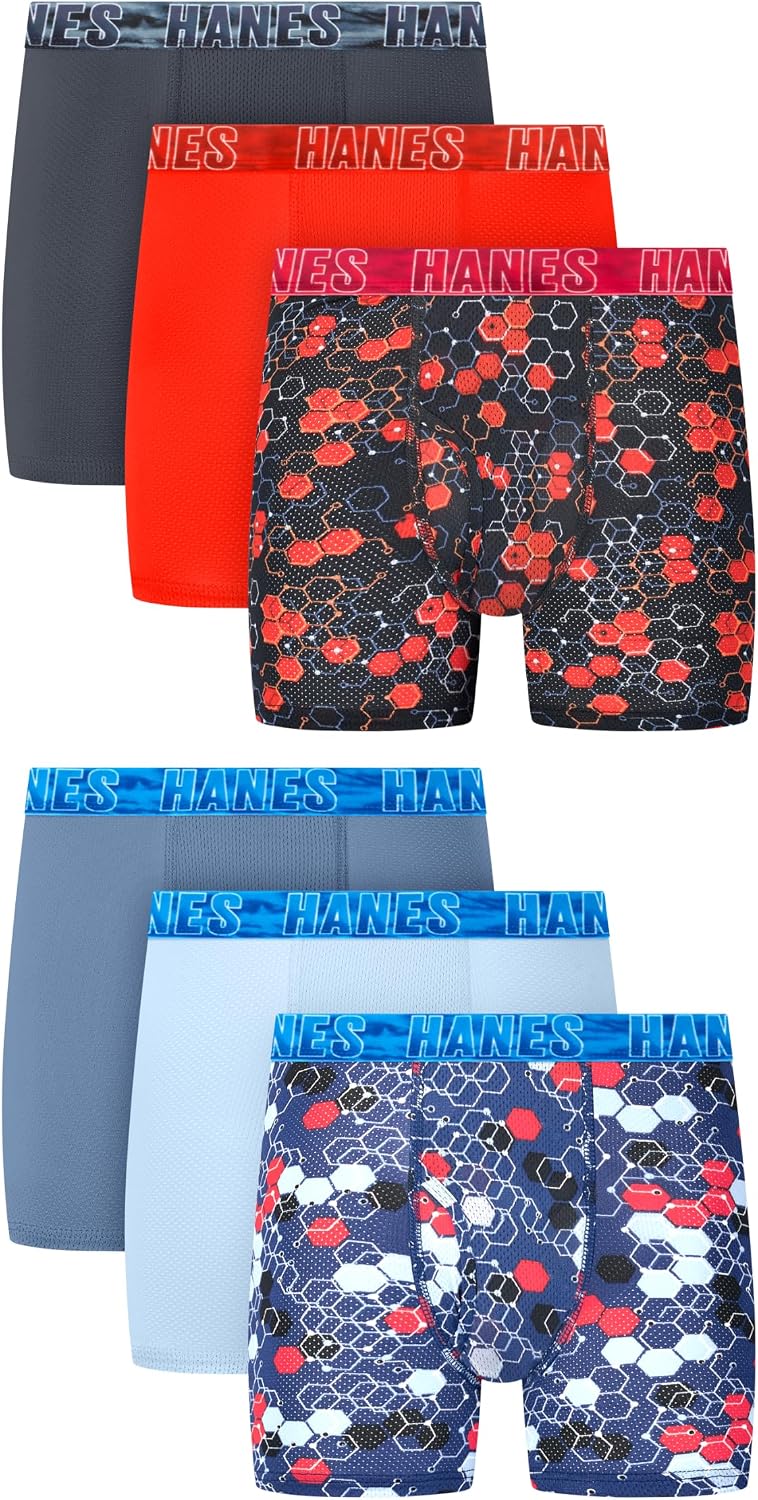 Hanes Boys' Moves Performance Underwear Boxer Brief, 6-pack, All Over Mesh Moisture Wicking Boxer Briefs