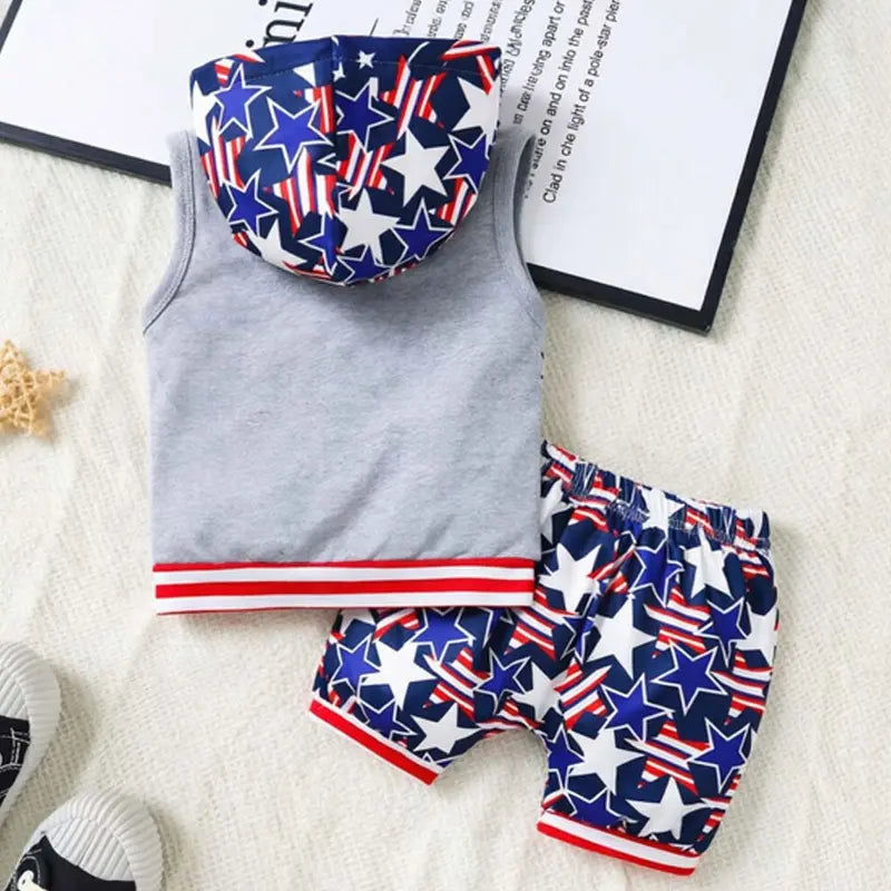 Boys' Toddler Suit Matching Set - 1 Tops + High-Waist Shorts, Graphic Print Cotton Hooded Outfit, Breathable Wear-Resistant, Summer Sports Casual, Fits 12-18M/2-3y/3-4y