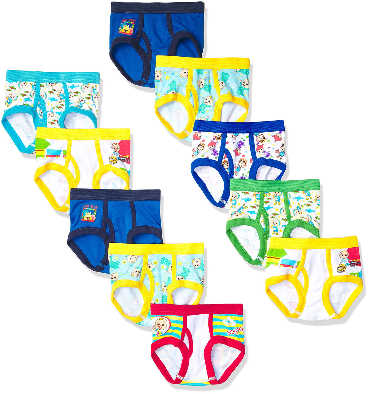 CoComelon Boys' Amazon Exclusive 10-pk & 7-pk of 100% Combed Cotton Briefs in Sizes 18m, 2/3t and 4t