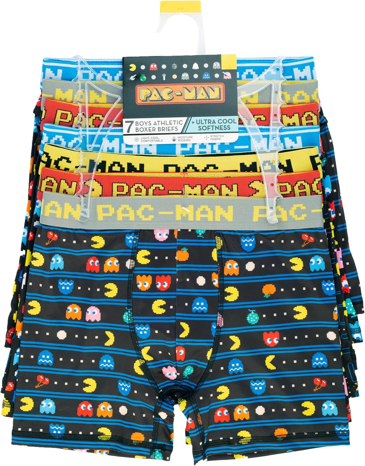 Pac-Man Boys' Amazon Exclusive 7-pack of Athletic Boxer Briefs in Sizes 4, 6, 8, and 10