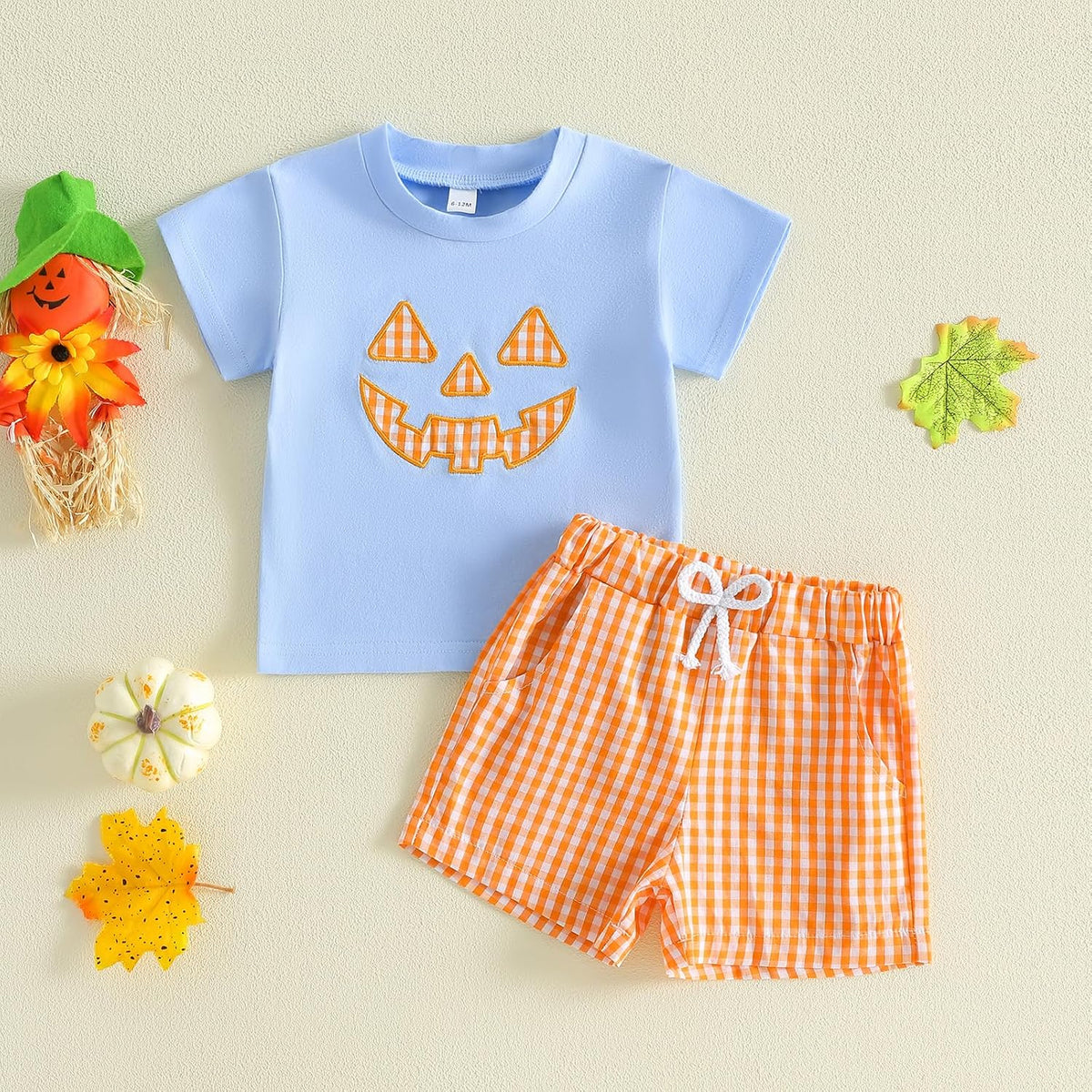 Karuedoo Kids Toddler Baby Boy Halloween Outfit Pumpkin Face Embroidery Short Sleeve T Shirt Plaid Shorts Set Fall Clothes