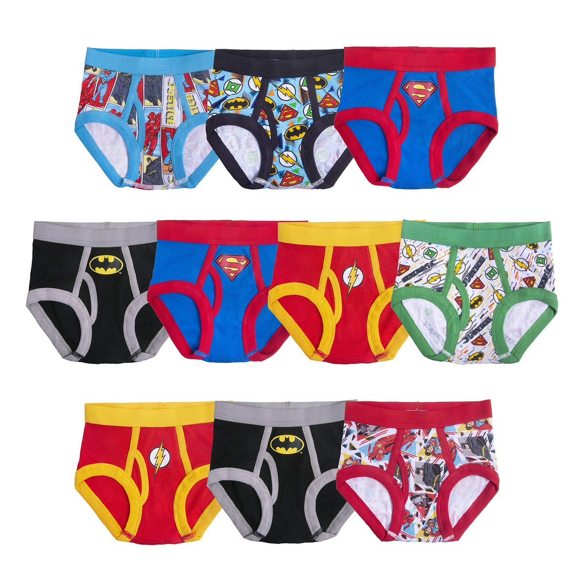 DC Comics Boys' 100% Cotton Briefs With Prints Including Superman, Batman, the Flash Logos, Sizes 2/3t, 4t, 4, 6, 8