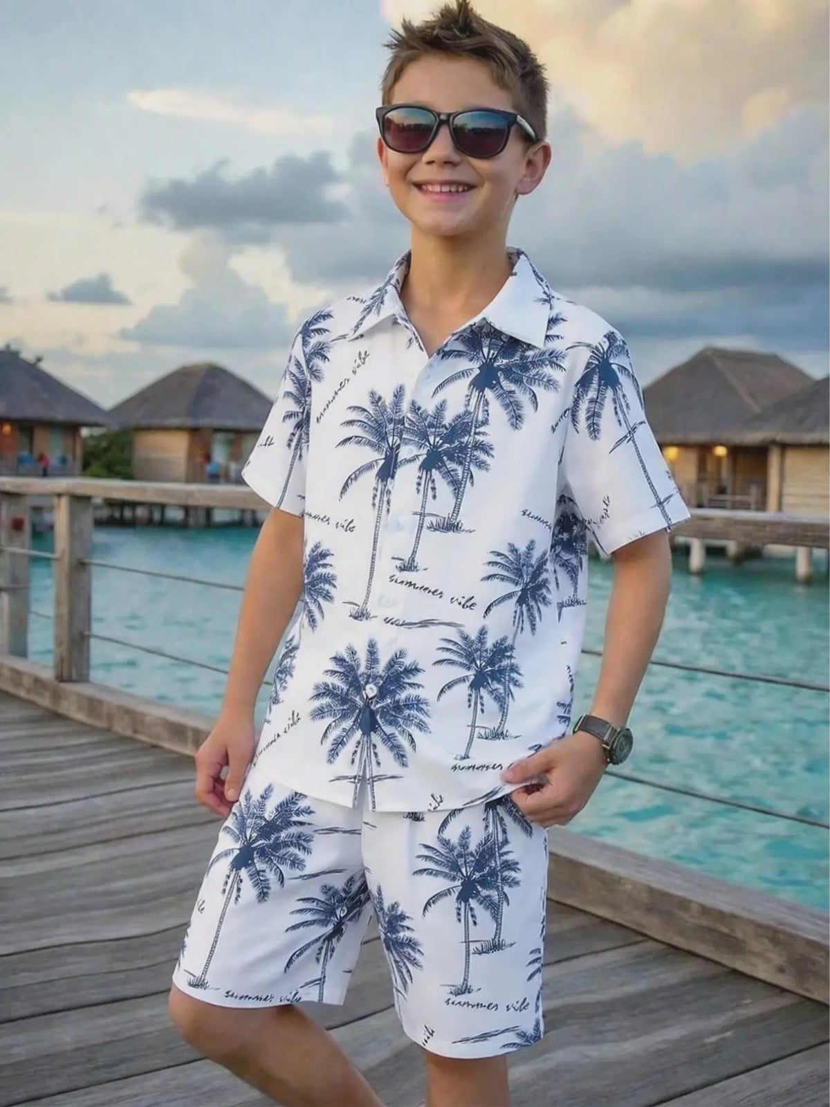 Boys' Fashion Shirt and Shorts Matching Set, Tropical Palm Tree Print, Casual Summer Clothing Set, Outfits Set, Clothes Kids, Home, Commute, Vacation, No Inner T-Shirt Included