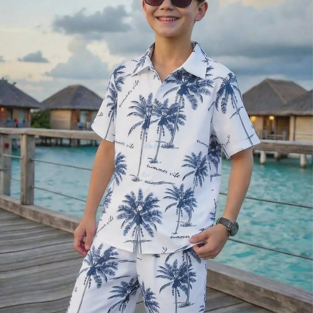 Boys' Fashion Shirt and Shorts Matching Set, Tropical Palm Tree Print, Casual Summer Clothing Set, Outfits Set, Clothes Kids, Home, Commute, Vacation, No Inner T-Shirt Included