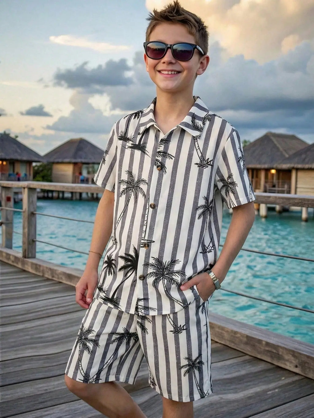Boys' Fashion Shirt and Shorts Matching Set, Tropical Palm Tree Print, Casual Summer Clothing Set, Outfits Set, Clothes Kids, Home, Commute, Vacation, No Inner T-Shirt Included