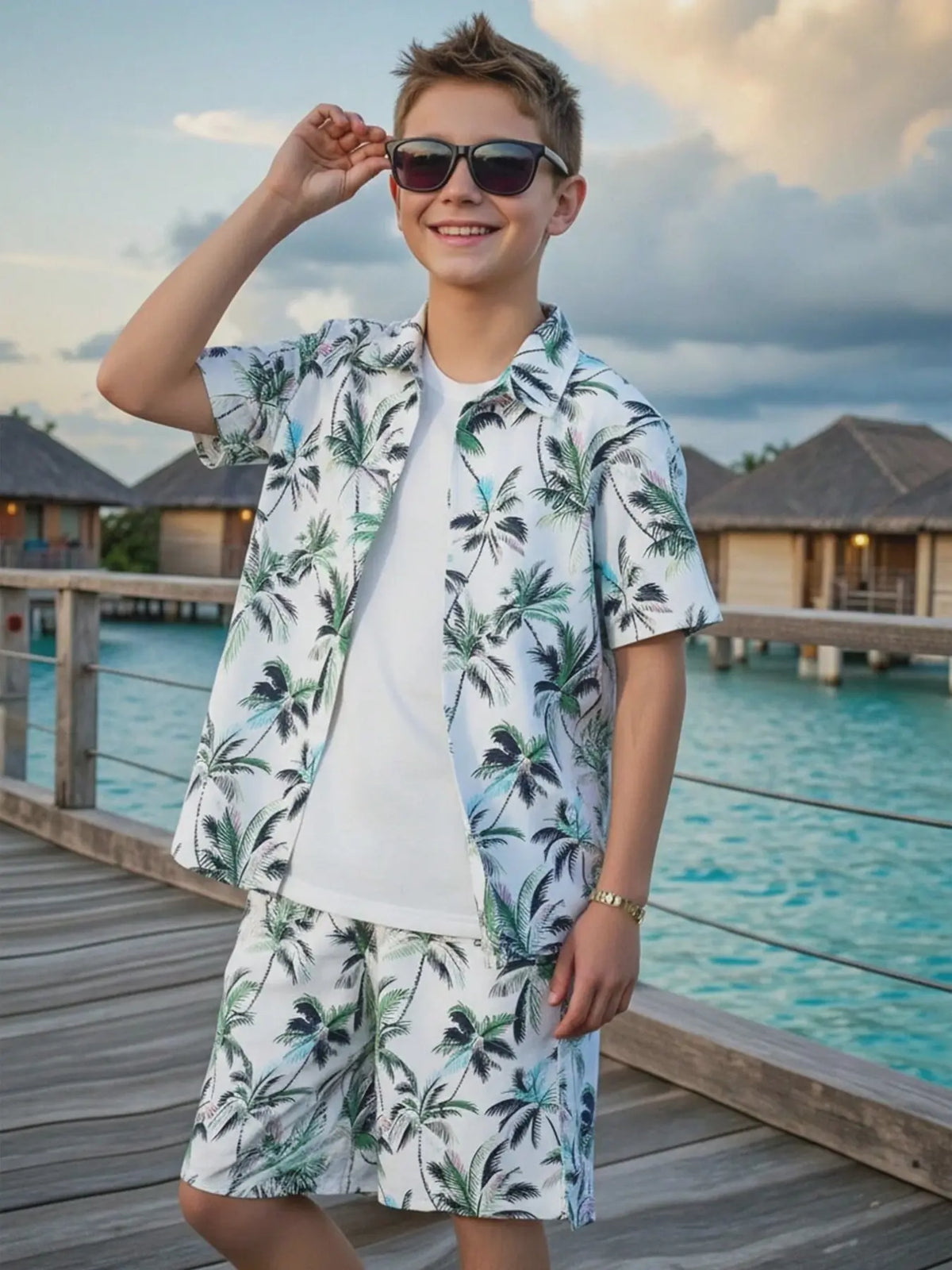 Boys' Fashion Shirt and Shorts Matching Set, Tropical Palm Tree Print, Casual Summer Clothing Set, Outfits Set, Clothes Kids, Home, Commute, Vacation, No Inner T-Shirt Included
