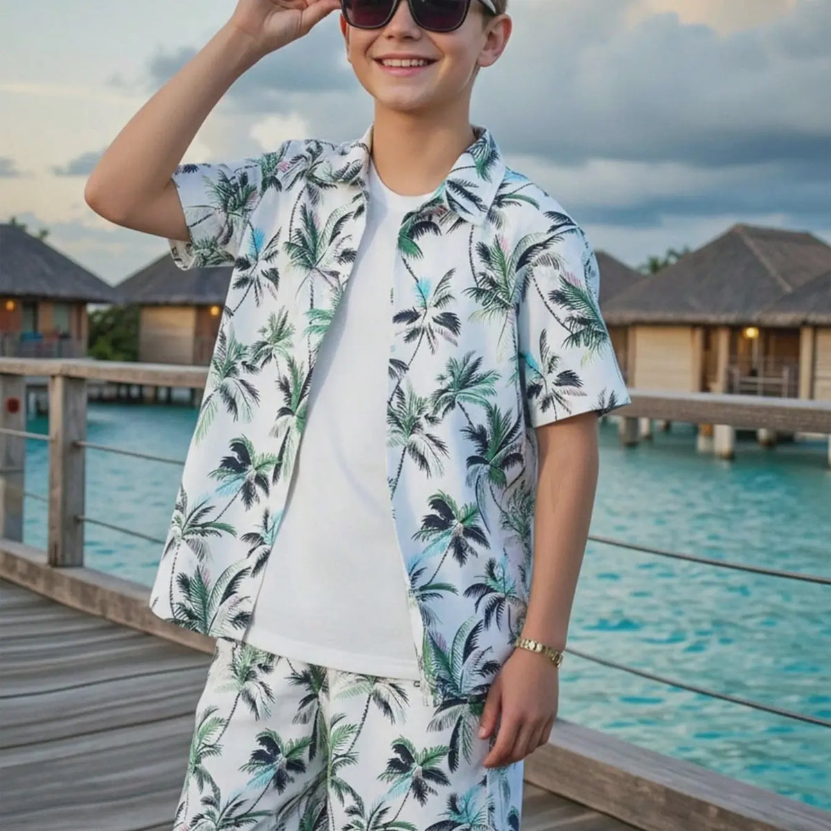 Boys' Fashion Shirt and Shorts Matching Set, Tropical Palm Tree Print, Casual Summer Clothing Set, Outfits Set, Clothes Kids, Home, Commute, Vacation, No Inner T-Shirt Included