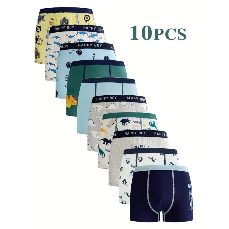 Boys' 10-Pack Dinosaur & Stripe Printed Boxer Briefs - Casual Youth Underwear, Soft Breathable All-Season Children’s Underwear, Printed Underwear