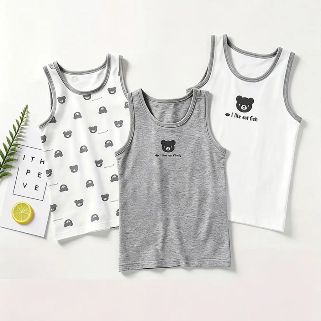 Boys' Cartoon Bear Print Tank Top, Breathable Round Neck Sleeveless Shirt, Comfortable Quick-Dry Innerwear, Quick Drying Undershirts, Quick Dry Underwear, Ideal for Play and School