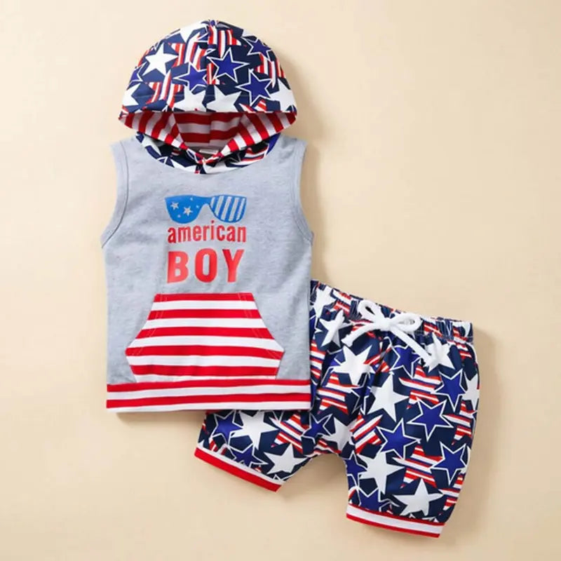 Boys' Toddler Suit Matching Set - 1 Tops + High-Waist Shorts, Graphic Print Cotton Hooded Outfit, Breathable Wear-Resistant, Summer Sports Casual, Fits 12-18M/2-3y/3-4y