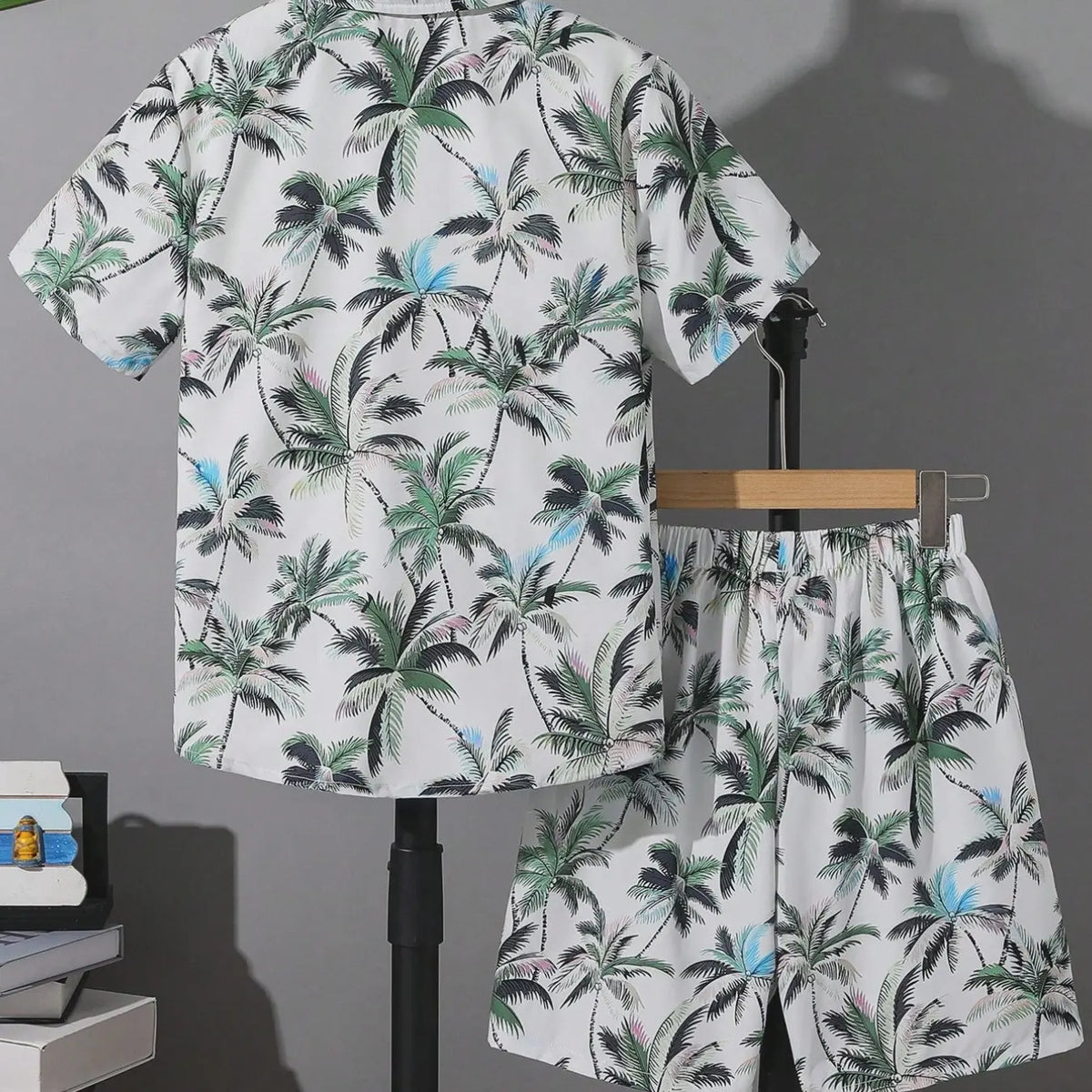 Boys' Fashion Shirt and Shorts Matching Set, Tropical Palm Tree Print, Casual Summer Clothing Set, Outfits Set, Clothes Kids, Home, Commute, Vacation, No Inner T-Shirt Included