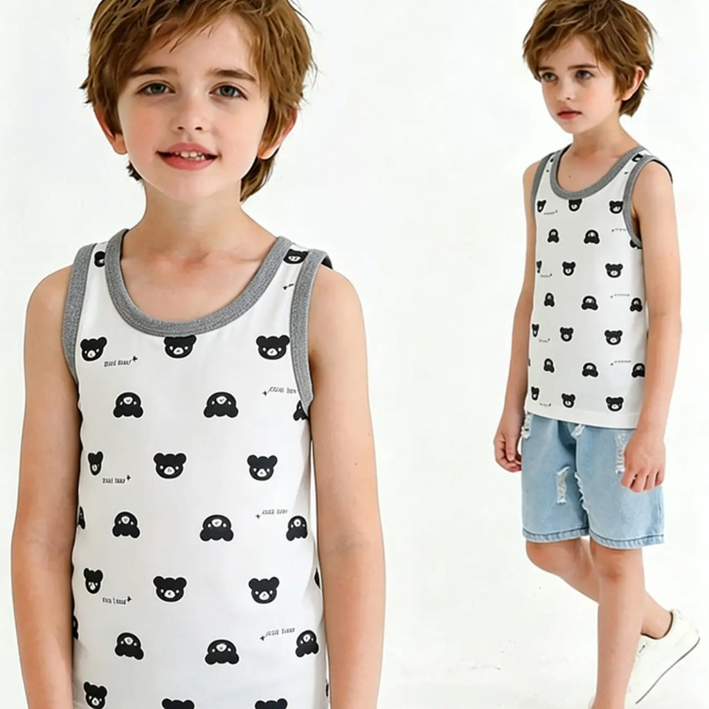 Boys' Cartoon Bear Print Tank Top, Breathable Round Neck Sleeveless Shirt, Comfortable Quick-Dry Innerwear, Quick Drying Undershirts, Quick Dry Underwear, Ideal for Play and School