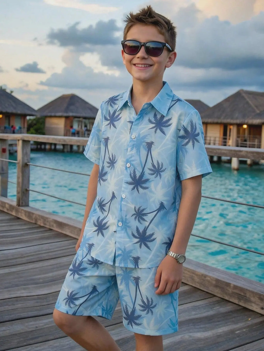 Boys' Fashion Shirt and Shorts Matching Set, Tropical Palm Tree Print, Casual Summer Clothing Set, Outfits Set, Clothes Kids, Home, Commute, Vacation, No Inner T-Shirt Included