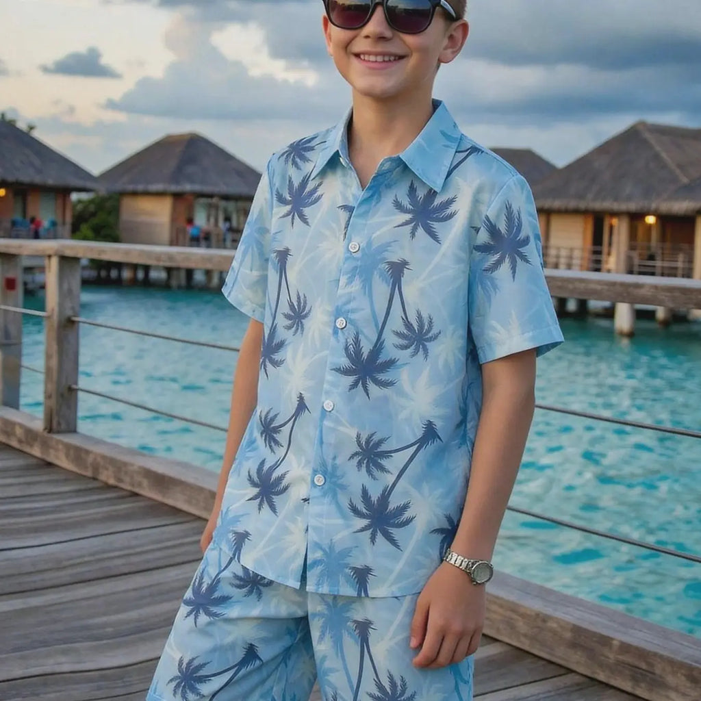 Boys' Fashion Shirt and Shorts Matching Set, Tropical Palm Tree Print, Casual Summer Clothing Set, Outfits Set, Clothes Kids, Home, Commute, Vacation, No Inner T-Shirt Included